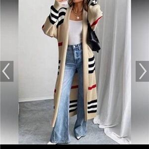 Anthropologie Beige Cardigan with Black and Red Stripes